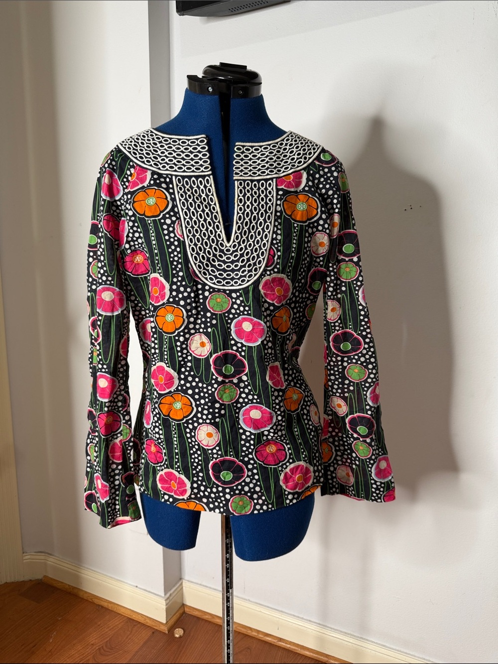 Tory Burch Black Floral Split-Neck Tunic with Pink & Orange Blooms